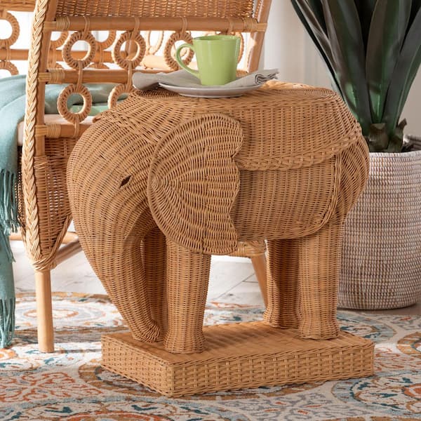 Elissa 26.8 in. Light Honey Specialty Elephant Rattan Wicker End Table