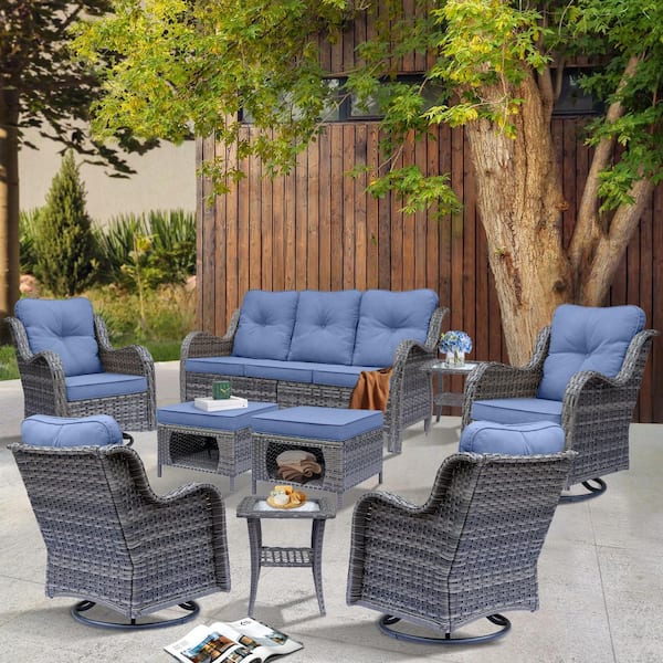 Gray 9-Piece Wicker Outdoor Patio Conversation Seating Sofa Set with Denim Blue Cushions and Swivel Rocking Chairs