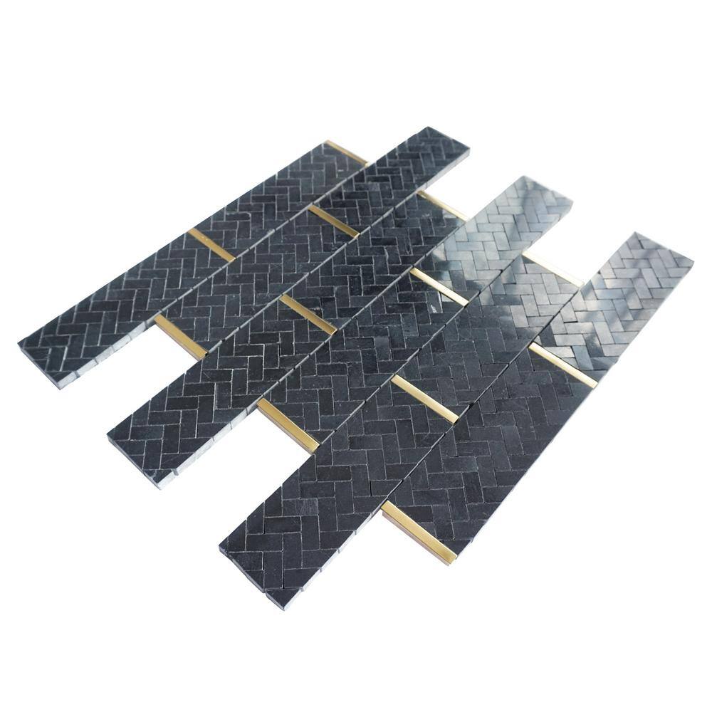 Black and Gold Polished Marble Brick Joint Mosaic Tile