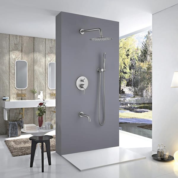 2-Handle 3-Spray 10 in. 1.8GPM Wall Mount Shower Head Tub and Shower Faucet w Pressure Balancing Valve in Brushed Nickel