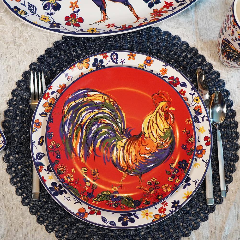 Vibrant Red Ceramic Rooster 9" Salad/Dessert Plates Set