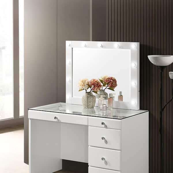 White 35.3 in. W x 29 in. H Glam Rectangle Wood Framed Mirror Wall Mirror Wall Decor Mirror