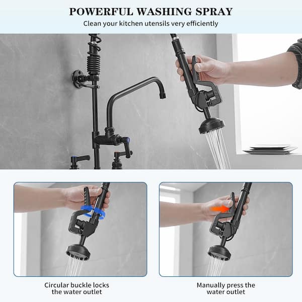 Commercial Restaurant Pull Down 2-Handle Wall Mount Pre-Rinse Spray Utility Kitchen Faucet in Matte Black