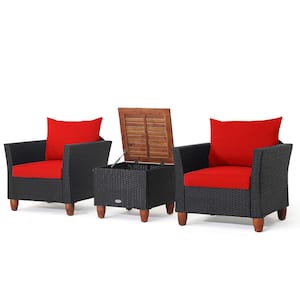 3-Piece Patio Rattan Furniture Set Cushioned Sofa Storage Table with Wood Top Red
