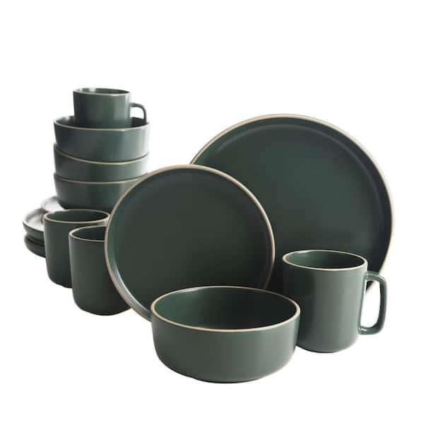 Zuma 16-Piece Round Matte Green Stoneware Dinnerware Set with Off-White Rim, Service for 4