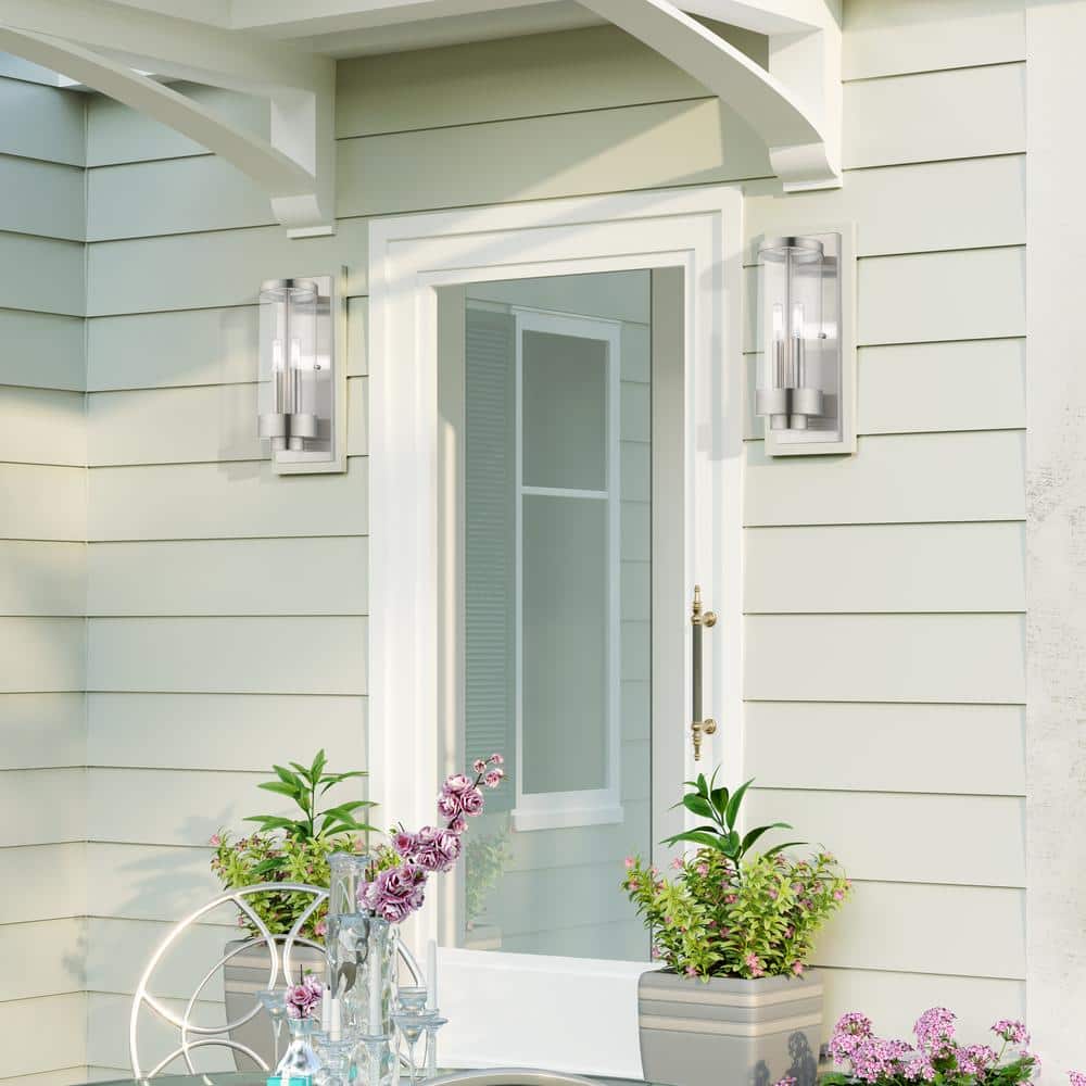 Brushed Nickel 2-Light Outdoor Wall Lantern with Clear Glass