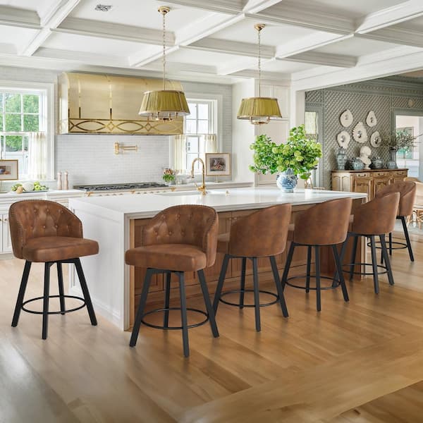 LUE BONA Arturo 26 in.Brown Faux Leather Upholstered Swivel Bar Stool with Metal Frame Nailhead Counter Barstool Set of 6