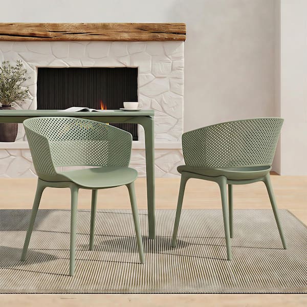 Vicky Sage Green Plastic Outdoor Dining Chairs Patio Arm Chairs, Set of 2
