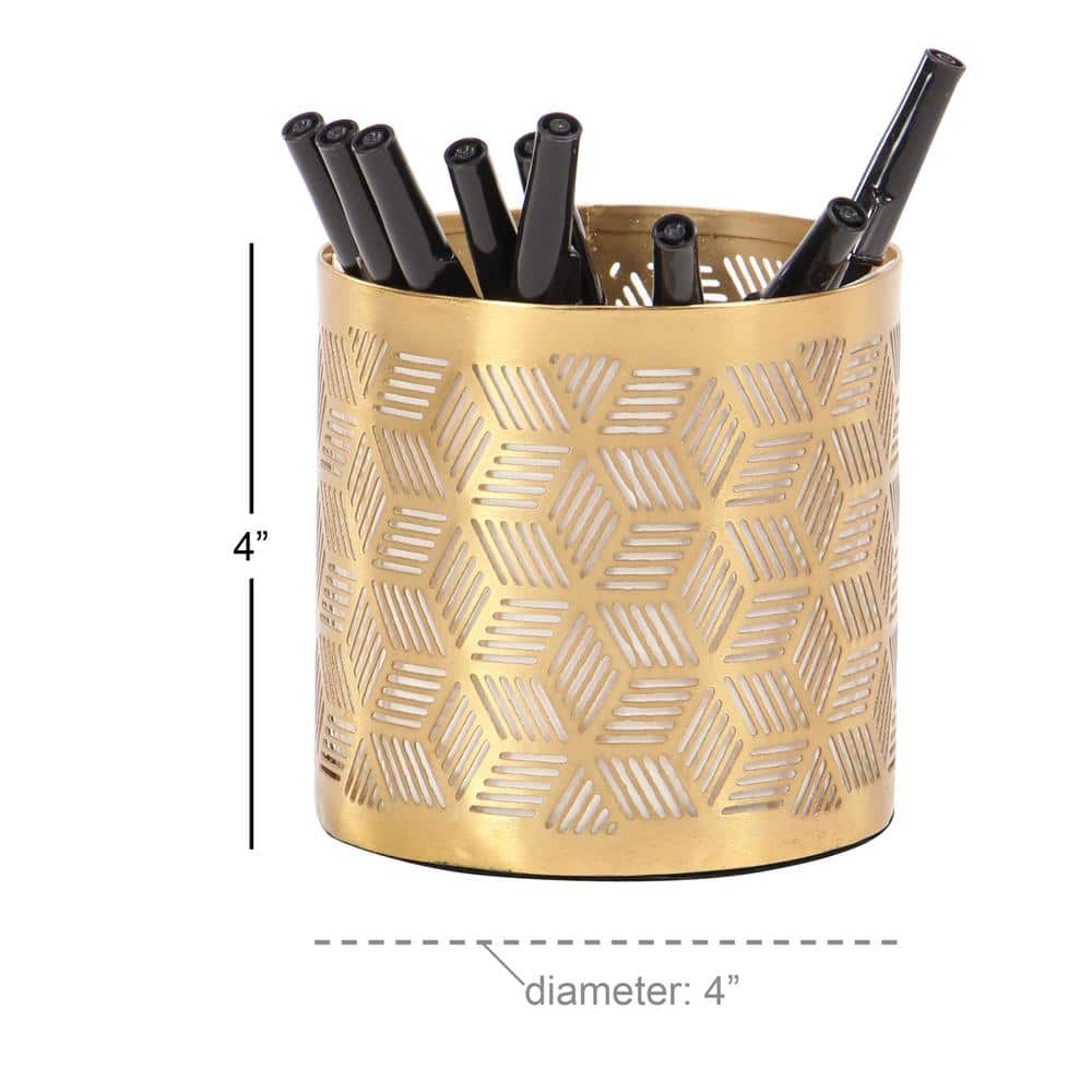 Gold Metal Geometric Cylinder Pencil Cup with Laser Carved Design