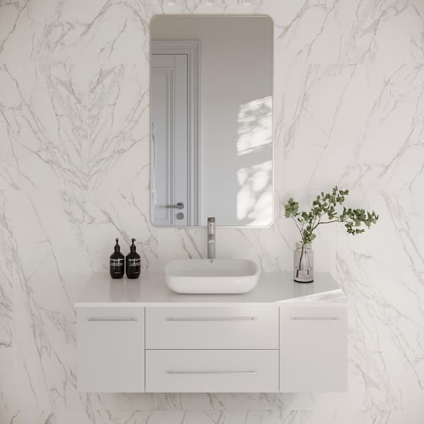 Lucera 48 in. Single Sink Wall Mount Floating White Bath Vanity with White Quartz Top and Vessel Ceramic Sink