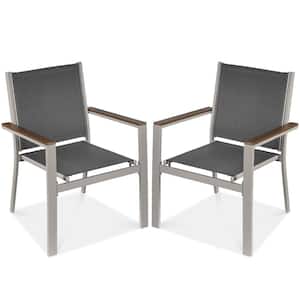 Set of 2 Taupe Textilene Chairs with Armrests, Steel Conversation Accent Furniture for Patio