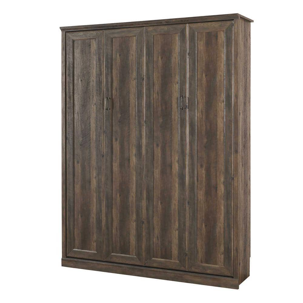 Brown Pine Wood Frame Queen Murphy Bed with Storage