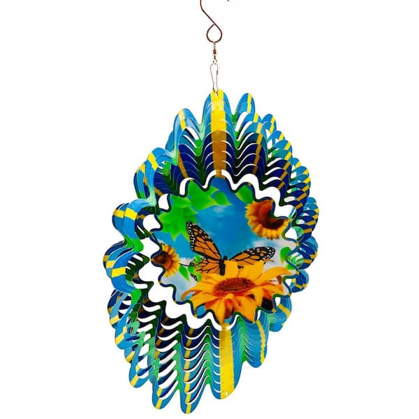 Falkirk Wind 12 in. Stainless Steel Wind Spinner Mandala Butterfly Flower in Blue Green Yellow