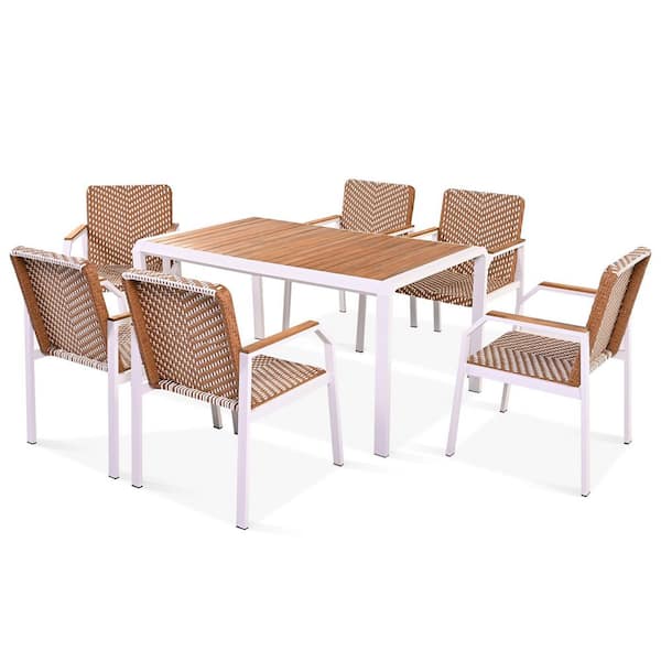 White 7-Piece Metal Patio Outdoor Dining Set, Dining Table