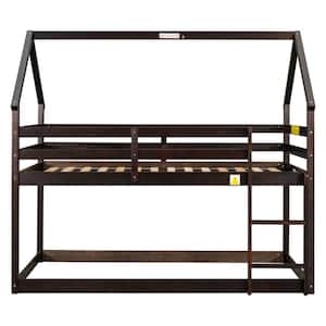 Twin Over Twin Size Wooden Brown Bunk Bed with Roof and Ladder, House Bunk Bed Frame for Kids, No Box Spring Required