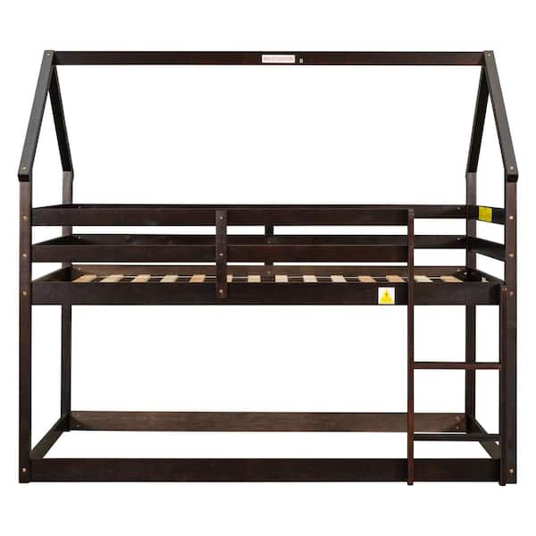 URTR Twin Over Twin Size Wooden Brown Bunk Bed with Roof and Ladder, House Bunk Bed Frame for Kids, No Box Spring Required