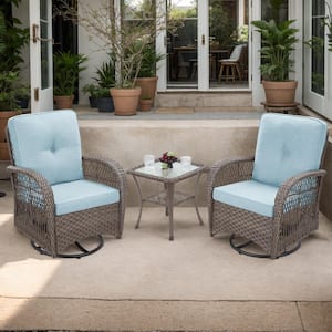 3-Piece Wicker Outdoor Rocking Chair Patio Conversation Set Swivel Chairs with Baby Blue Cushions and Side Table