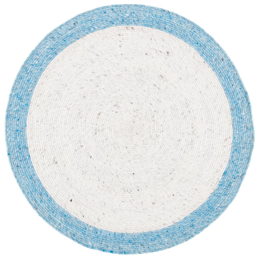 Ivory and Blue Round Braided Wool Area Rug