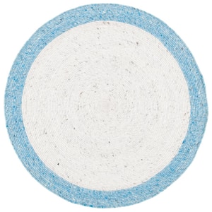 Braided Ivory/Blue Doormat 3 ft. x 3 ft. Border Solid Color Round Area Rug