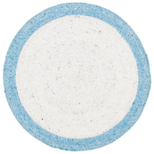 Braided Ivory/Blue 4 ft. x 4 ft. Border Solid Color Round Area Rug