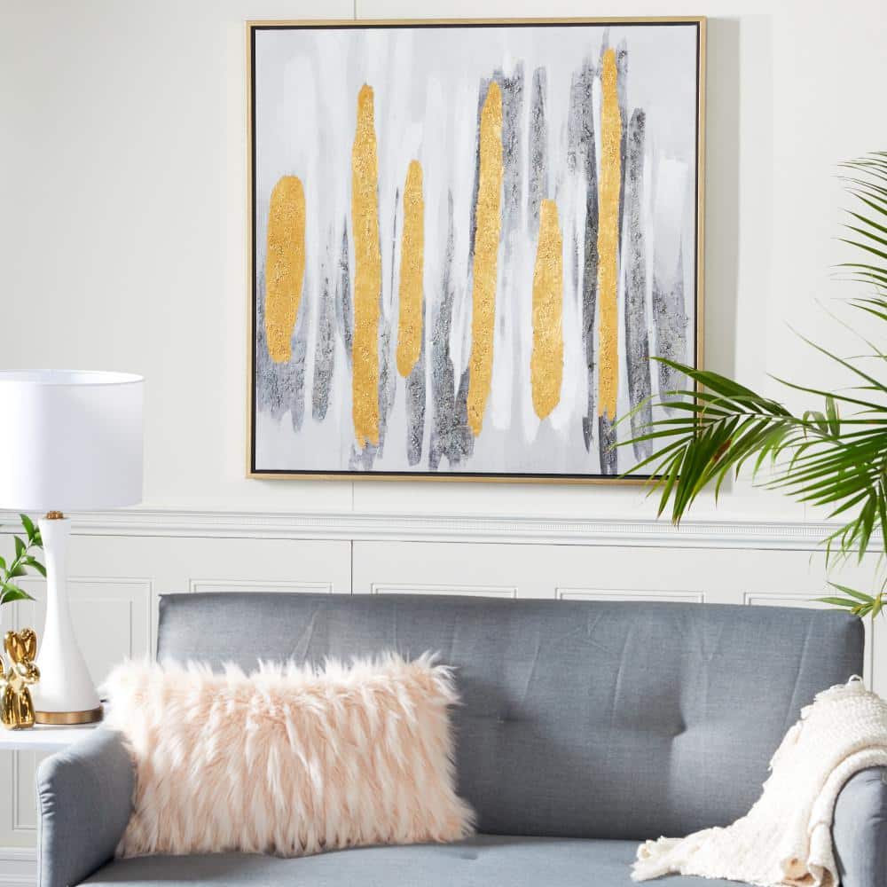 XL Gray and Gold Abstract Canvas Wall Art with Metal Frame
