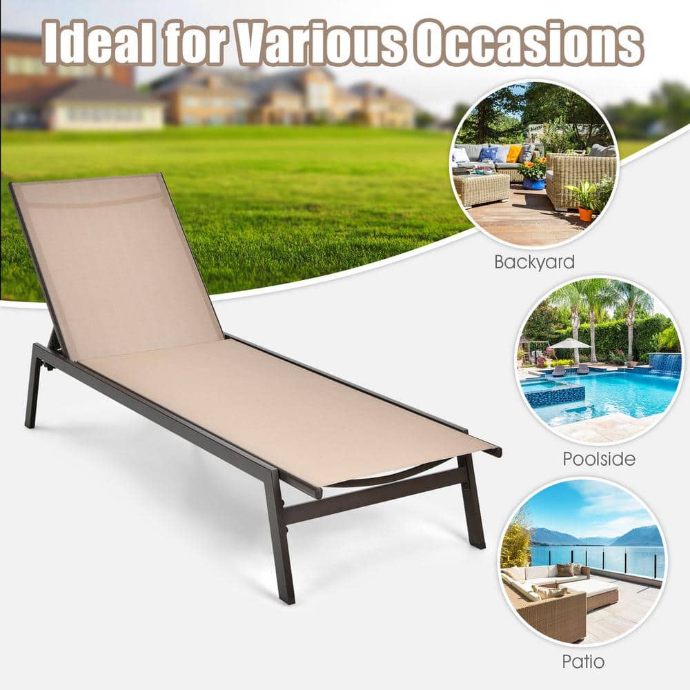 Brown Steel Outdoor Chaise Lounger with Adjustable Backrest