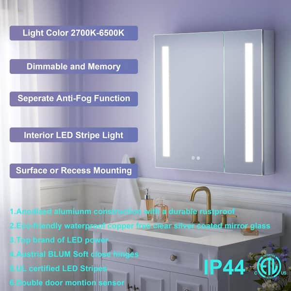 30 in. W x 30 in. H Aluminum Recessed or Surface Mount Medicine Cabinet with Mirror 2 Door Dimmer LED Lighted,Defogger