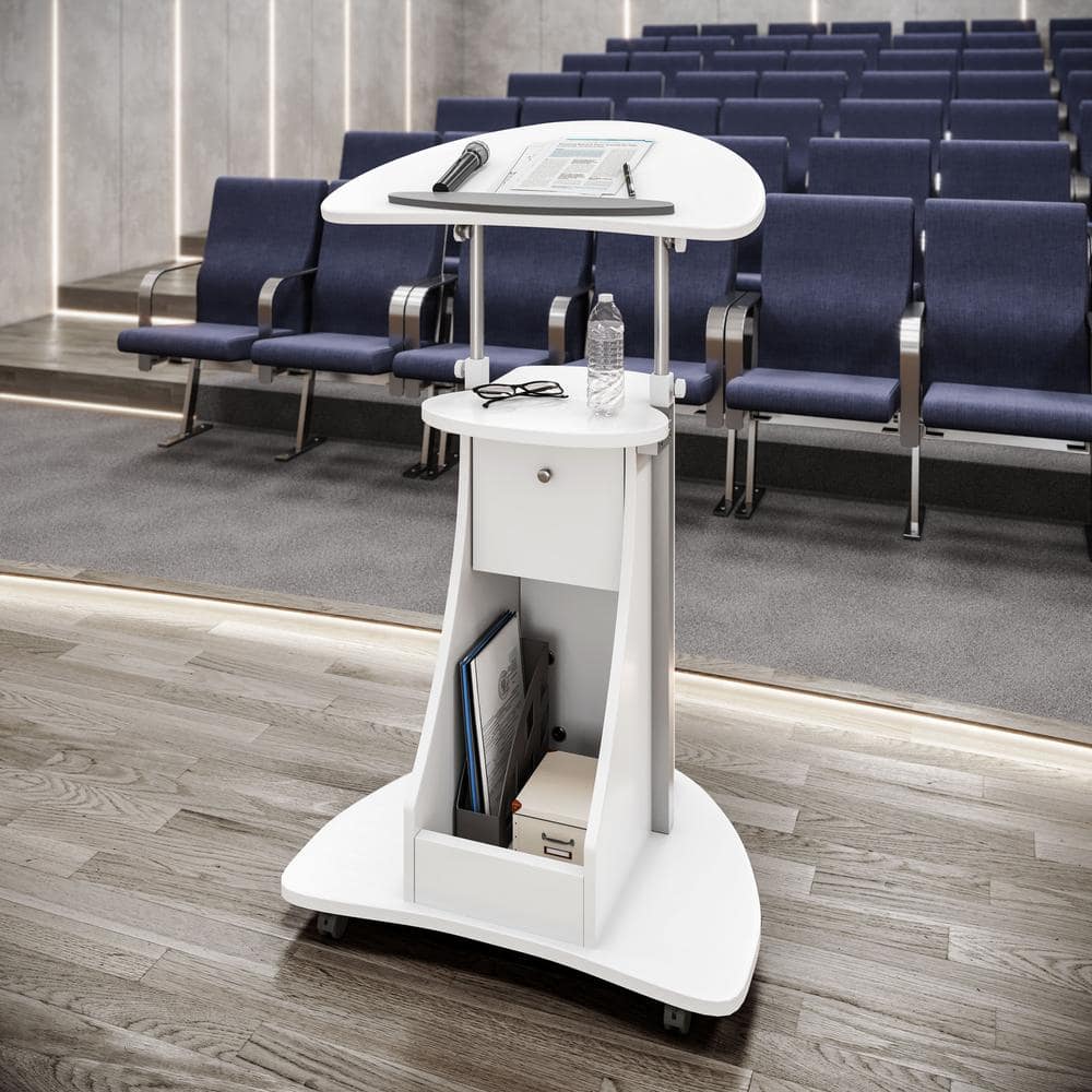 White Adjustable Height Rolling Laptop Cart with Storage Cabinet