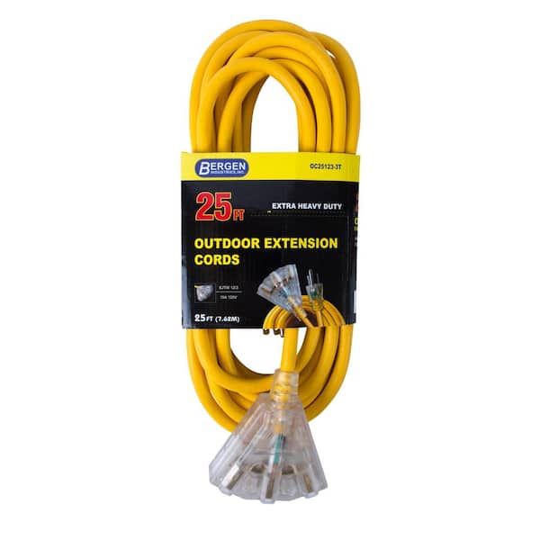 Bergen Industries 25 ft. 12/3 SJTW 15 Amp/125-Volt Outdoor Triple Tap Extension Cord, Yellow