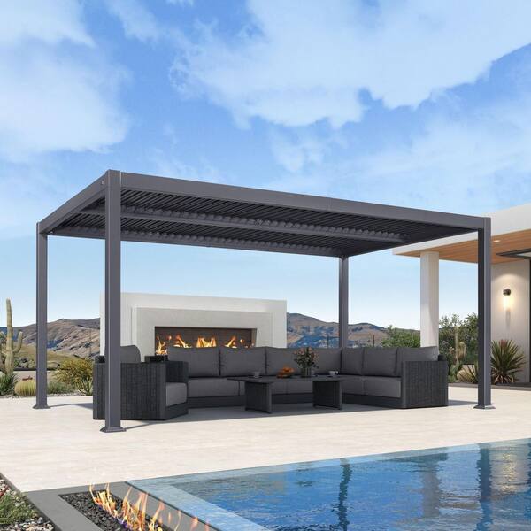 10 ft. x 15.8 ft. Gray Aluminum Outdoor Louvered Pergola with 2-Individual Adjustable Roofs and In-Built Gutter System