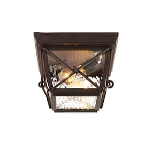 Springbrook 10 in. Rustic 2-Light Outdoor Ceiling Flush Mount Light with Clear Water Glass Shade