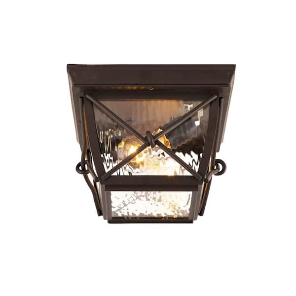 Home Decorators Collection Springbrook 2-Light Rustic Outdoor Ceiling Flush Mount Light with Clear Water Glass Shade