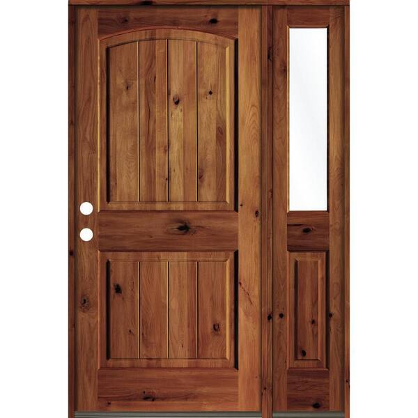 Krosswood Doors 44 in. x 80 in. Rustic Knotty Alder Right-Hand/Inswing Clear Glass Red Chestnut Stain Wood Prehung Front Door with RHSL