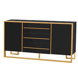 Black Wood 59 in. W Sideboard with Storage Space and Gold Metal Legs