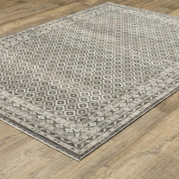 Channing Gray/Beige 8 ft. x 11 ft. Faded Geometric Border Polyester Fringe Edge Indoor Area Rug
