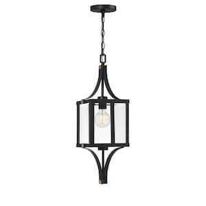 Raeburn 25 in. 1-Light Matte Black and Weathered Brushed Brass Pendant Light with Clear Beveled Glass