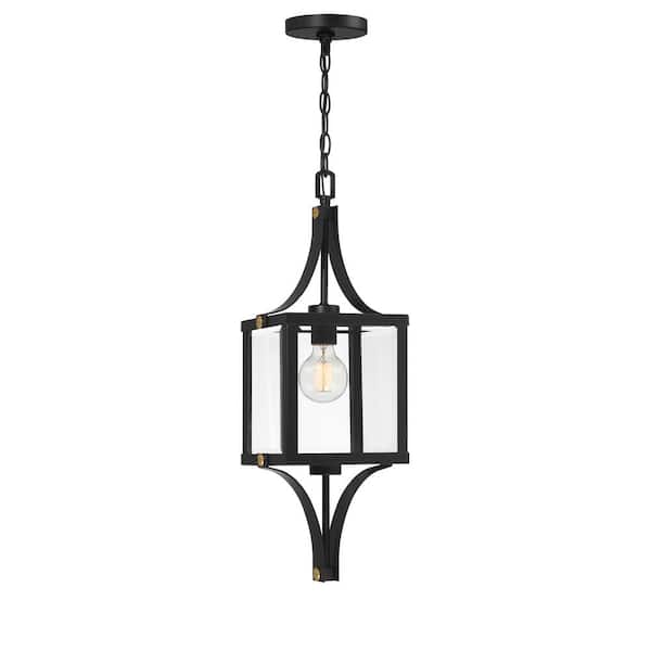 Savoy House Raeburn 25 in. 1-Light Matte Black and Weathered Brushed Brass Pendant Light with Clear Beveled Glass