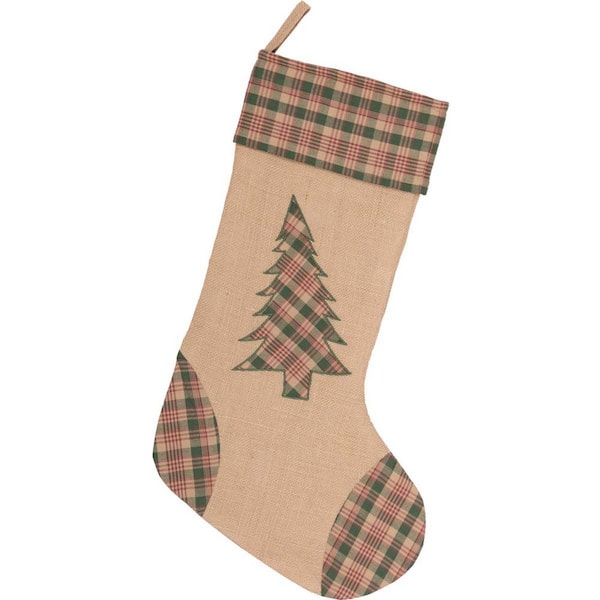 VHC Brands 20 in. Clement Deep Red Rustic Christmas Decor Tree Appliqued Stocking