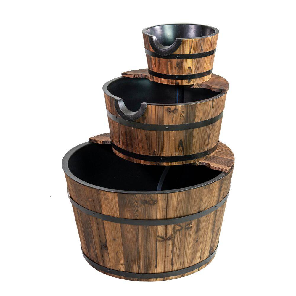 30-Inch Rustic Fir Wood 3-Tier Barrel Outdoor Fountain