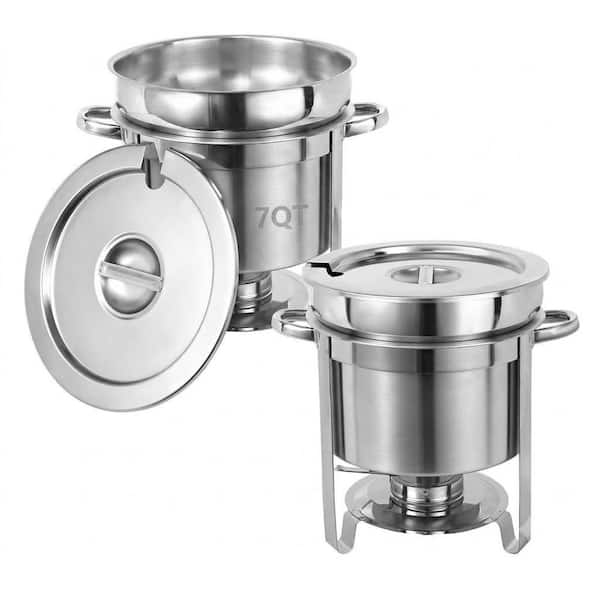 Round Stainless Steel Soup Chafer 7 qt. with Notched Lid and Fuel Holder for Buffet Catering 2-Pack Large