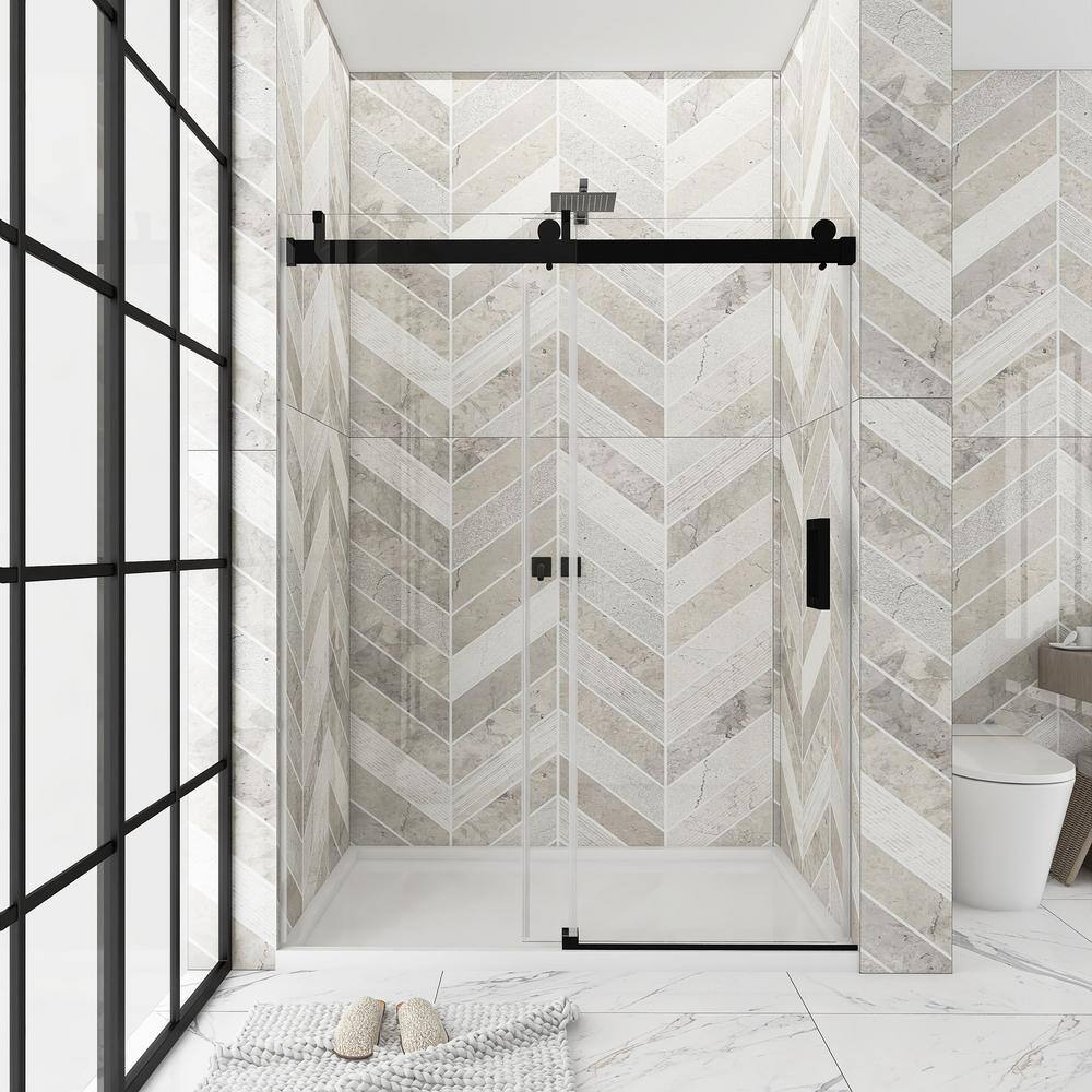 72'' Matte Black Frameless Sliding Shower Door with Clear Glass