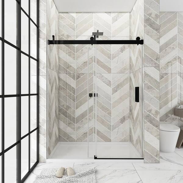Staykiwi 72 in. W x 76 in. H Single Sliding Frameless Shower Door in Matte Black Finish with Buffer