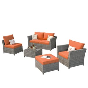 Bexley Gray 6-Piece Wicker Patio Conversation Seating Set with Orange Red Cushions