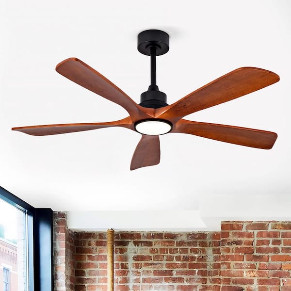52 in. Smart Black Solid Wood Brown Blades 2-Size Downrod Mount Standard Ceiling Fan with 3-Color Dimmable LED Light