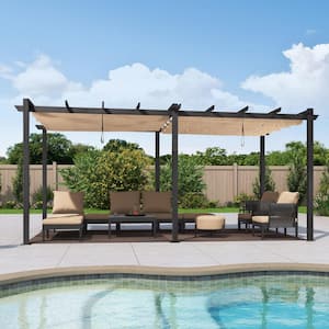 10 ft. x 18 ft. Beige Pergola with Retractable Canopy Aluminum Shelter for Porch Garden Beach Sun Shade