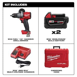 M18 FUEL 18V Lithium-Ion Brushless Cordless 1/2 in. Hammer Drill Driver Kit w/Three 5.0 Ah Batteries and Hard Case