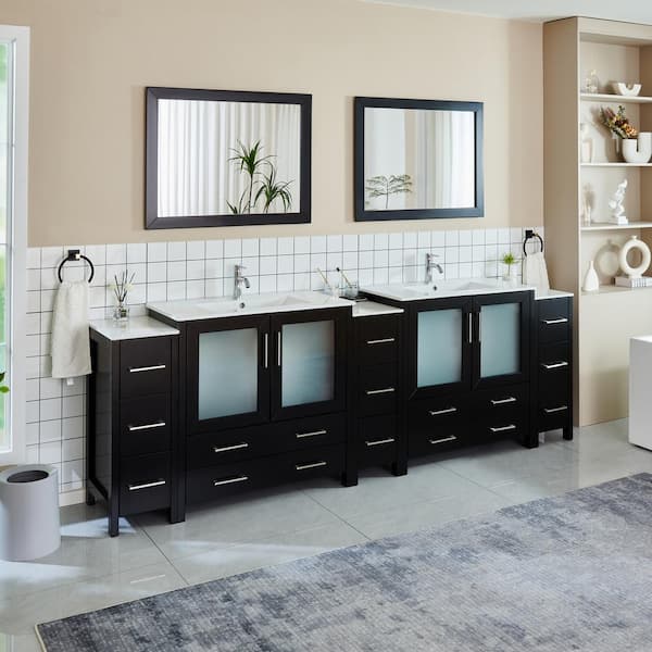 Brescia 108 in. W x 18 in. D x 36 in. H Bathroom Vanity in Espresso with Double Basin Top in White Ceramic and Mirrors