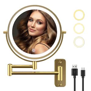 8 in. W x 8 in. H Round LED Metal wall Miror 10x Magnification Makeup Mirror Bathroom Makeup Mirror in Gold