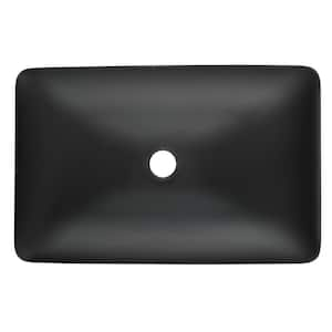 Matte Shell Glass Rectangular Vessel Bathroom Sink in Black with Faucet and Pop-Up Drain in Matte Black