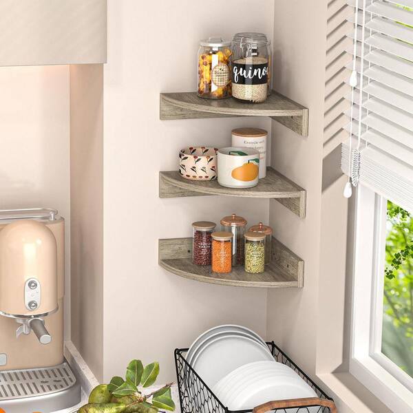 たけ　飾り棚 11.5 in. W x 11.5 in. D Grey Wood Corner Shelves Decorative Wall